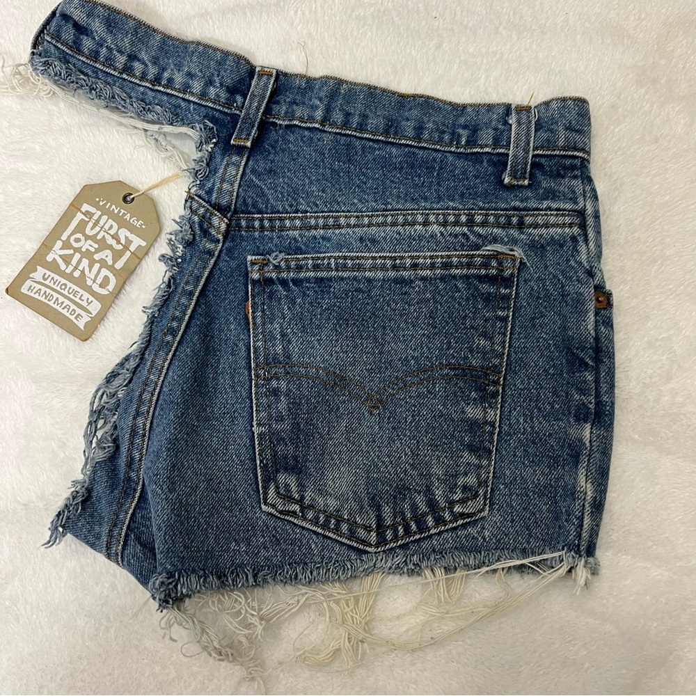 Furst of a Kind Upcycled Orange Tab Vintage Levi’s One Leg Denim Cutoffs Size S - Picture 3 of 12